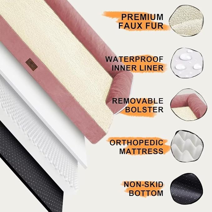 Large Dog Bed Orthopedic Washable - Couch Sofa - XXL Large Big Dogs - Beds Bolster Pet - Memory Foam - Waterproof with Removable Cover - Pink Dog Bed