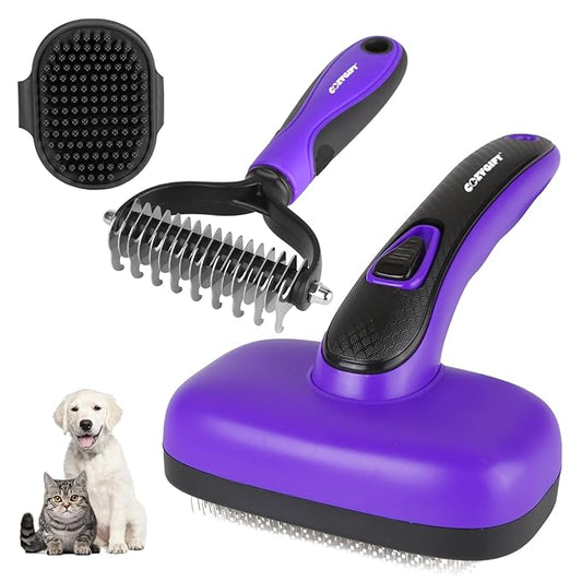 Dog Brush Kit – 3 PCS Grooming Set with Self-Cleaning Brush, Undercoat Rake & Pet Bath Brush. Great for Shedding, Tangles & Dirt Removal – Ideal for Long & Short Haired Dogs & Cats, Purple