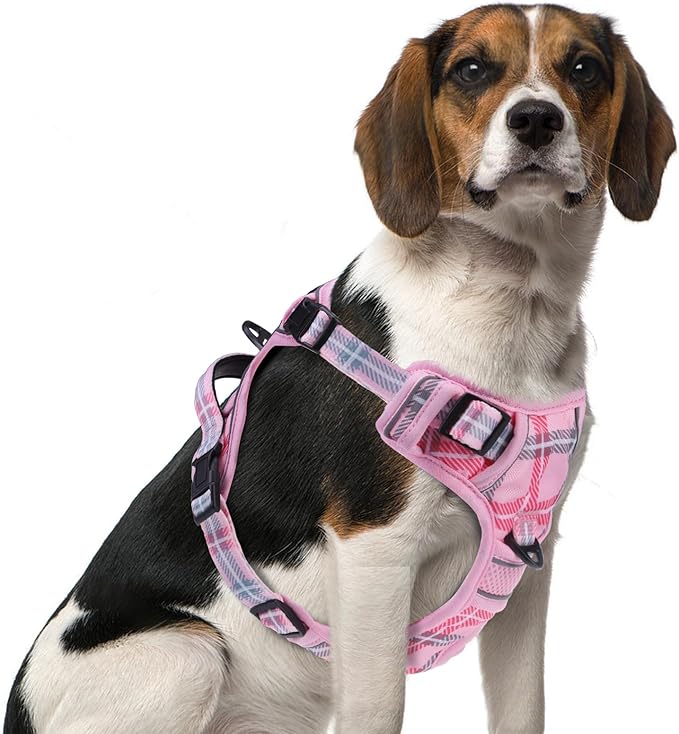 PUPTECK No Pull Dog Harness Medium Sized, Adjustable Reflective Dog Harness with Handle Easy Control, Comfortable Soft Padded Pet Vest Harness for Medium Dogs, Plaid Pink M