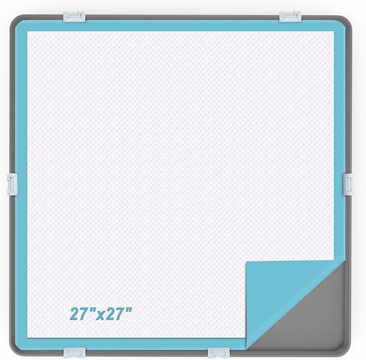 Pee Pad Tray Holder for Dog,Silicone Dog Puppy Pad Holder, 27" x 27" No Spill Raised Lip High Edge,Portable Large Leak-Proof Mat Holder for Pet Training Pads,Square Potty Trays 6 Complimentary Clamps