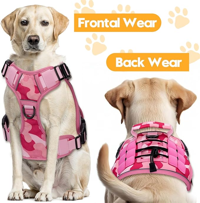 Heavy-Duty Tactical Dog Harness for Large Dogs, No Pull Adjustable Reflective Pet Vest with Molle System, K9 Military-Grade Control for Service Training, Outdoor & 10+ Breeds, Pink Camo, Small