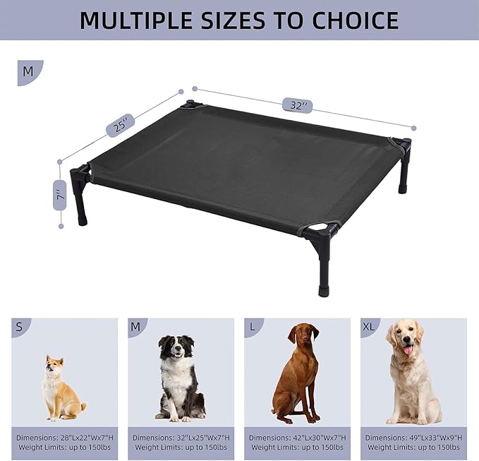 pettycare Elevated Outdoor Dog Bed - Dog Cots for Medium Pet, Heavy Duty Raised Cot Waterproof, Cooling Pets Bed with Washable Durable Teslin Mesh and Non Slip Feet, 32 Inches, Black