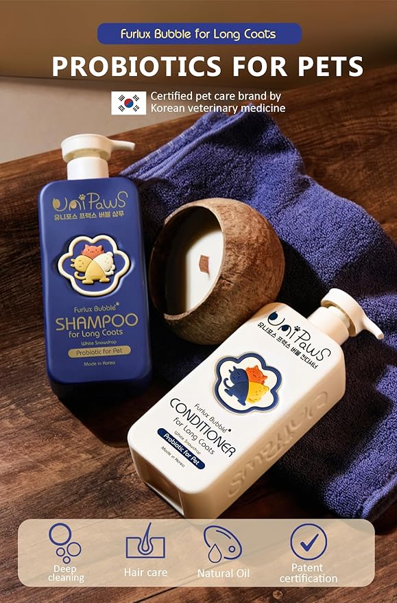 Unipaws Biotin Shampoo & Conditioner Set for Long-Haired Dog – Detangling, Deshedding, Thicking Hair for Senzitive Skin Healthy, Lustrous Fur – Medicated & EWG Green, Made in Korea, 2×16.9 Fl Oz