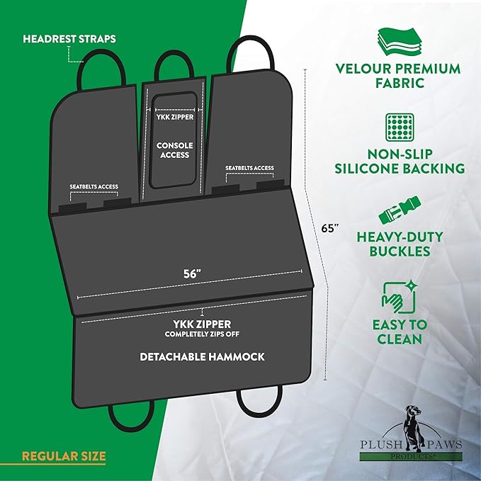 Plush Paws Products Luxury Rear Car Seat Protector w/Hammock | Washable & Waterproof Back Seat Dog Cover for Car, Truck, & SUV | Nonslip, Tear Resistant Pet Seat Cover | Regular Charcoal