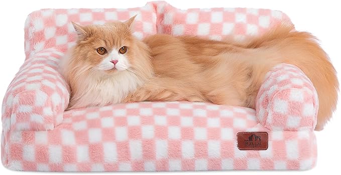 Hollypet Fluffy Plush Dog Cat Pet Couch Soft Calming Sofa Bed for Medium Small Cats and Dogs, Pink and White