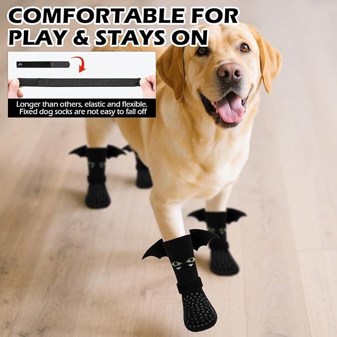 EXPAWLORER Halloween Anti Slip Dog Socks to Prevent Licking Paws, Boots & Paw Protectors with Grippers,Doggie Booties for Hardwood Floors for Small Medium Large Senior Dogs Costume Black Devil Wings L