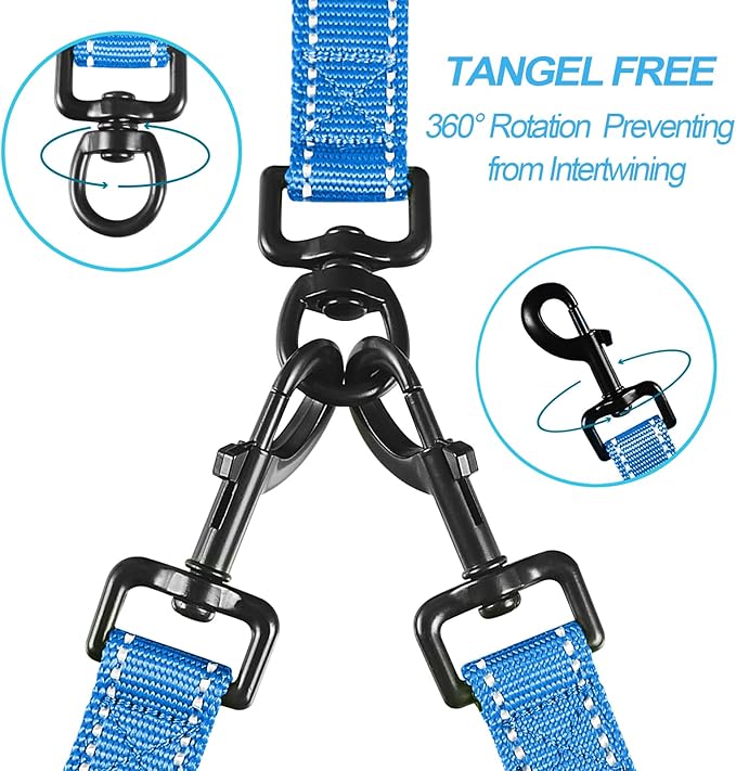 PetBonus Double Dog Leash, No Tangle Dual Leash, Reflective Walking Training Lead, 4 Comfortable Padded Handles for 2 Dogs with Collapsible Bowl and Waste Bags (Light Blue, Large)