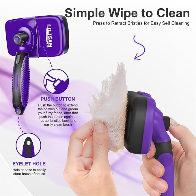 Pet Self Cleaning Slicker Brush and Grooming Comb - Gently Removes Loose Hair, Tangles, and Dirt - Skin Friendly Deshedding Grooming Tool for Hair Dogs & Cats - Pet Supplies Accessories (Purple)
