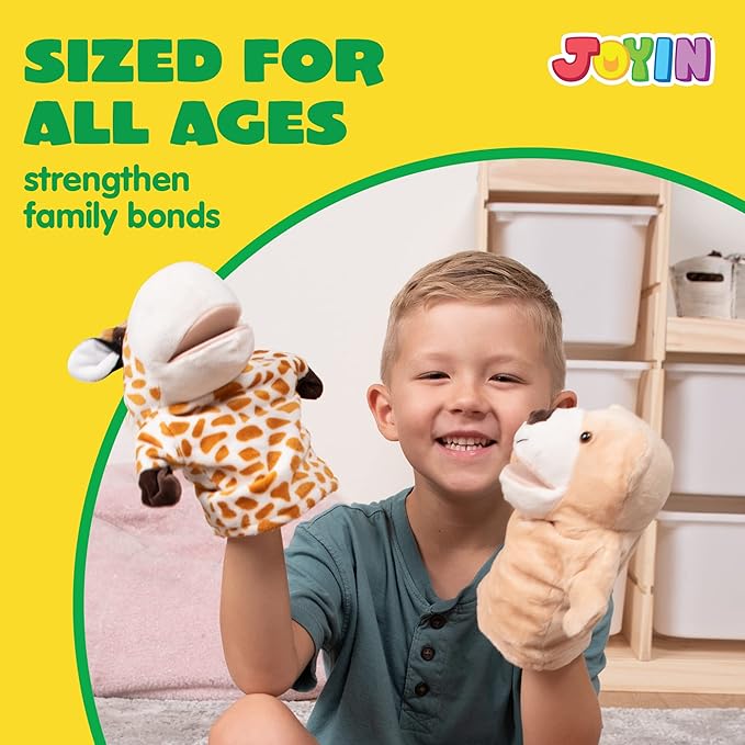 JOYIN 6Pcs Kids Hand Puppet Set with Working Mouth, Toddler Animal Plush Toy Includes Elephant, Giraffe, Lion, Bear, Raccoon and Monkey for Show Theater, Christmas Birthday Gifts for Kid Age 3+