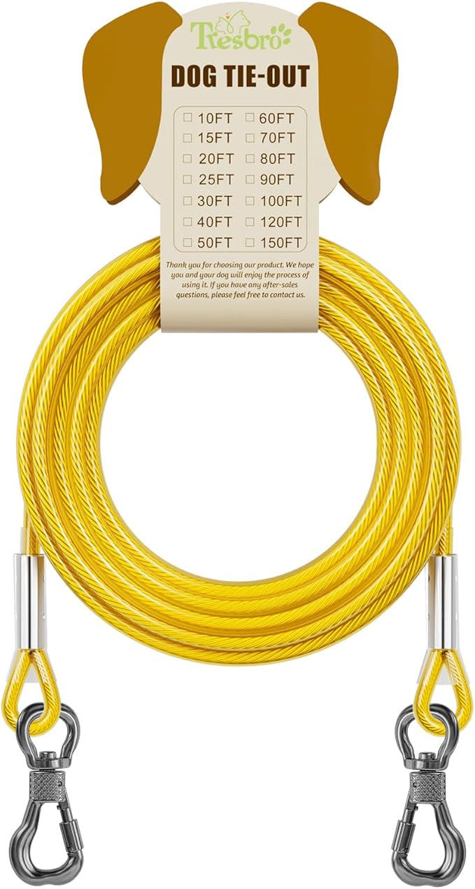 Tresbro 30FT Reflective Tie Out Cable for Dogs Up to 250 Pounds, Steel Wire Lead Leash Cable with Stainless Rotatable Buckle, Lightweight and Enduring, Dog Chains Outside for Outdoor, Yard, Yellow