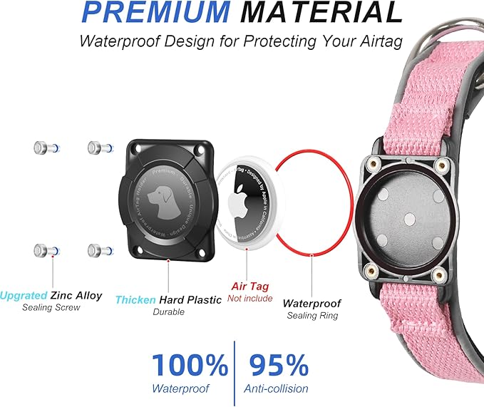 Waterproof Airtag Dog Collar - Nylon Collar with Durable Airtag Holder, Reflective&Anti-Lost with Safety Metal Buckle, Soft Padded Adjustable for Small Medium Large Dogs Pink M