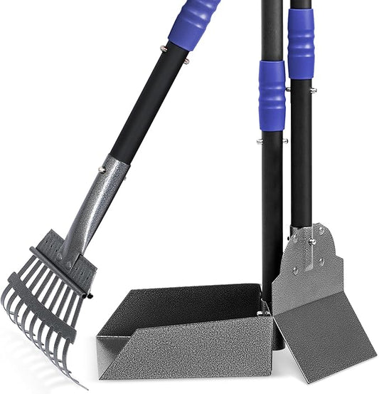 Heeyoo Dog Pooper Scooper, Dog Poop Tray and Rake Set, Pet Waste Removal Scoop with Long Adjustable Sectional Stainless Handles