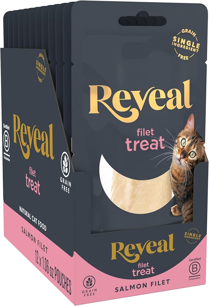 Reveal Natural Cat Treats, 12 Count Single Ingredient Treat for Cats, Grain Free, Whole Salmon Loin, 1.06 oz Bags