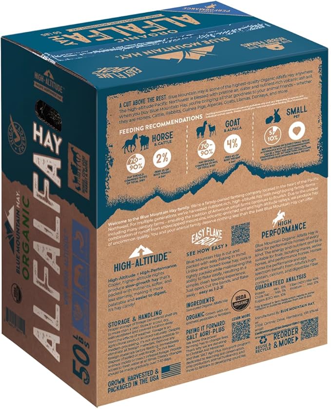 Blue Mountain Hay High-Altitude Organic Alfalfa Hay, 50lb Easy Flake Box - High Protein, Fiber & Mineral-Rich - High Leaf Retention - Ideal for Horses, Goats, Rabbits, Guinea Pigs & Other Small Pets