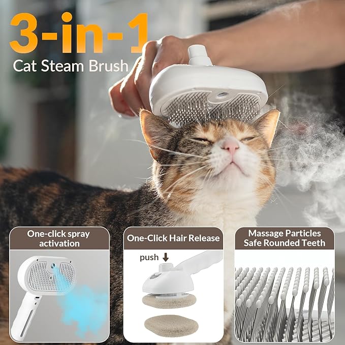 Pet Steam Brush, Self Cleaning Brush with Mist Spray, Deshedding Tool for Dogs & Cats, Pet Hair, Tangle-Free Grooming Brush for Long/Short Haired Pets
