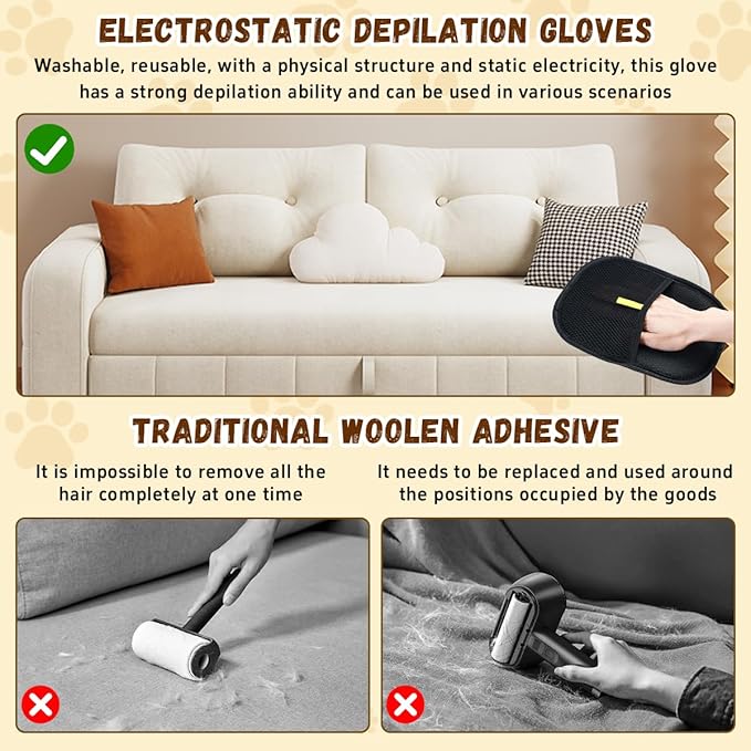 Pet Hair Removal Glove for Cats & Dogs, Electrostatic Pet Hair Removal Gloves, Reusable Hair Remover, Upgrade Efficient Grooming Gloves for Pet Hair for Clothing/Couch/Furniture/Carpet/Car Seat(2pcs)