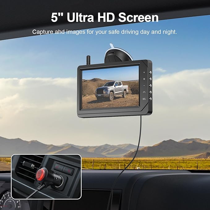 Fookoo HD 1080P 5-inch Wireless Backup Camera, 5" Split Screen Monitor Rear View Licence Plate Camera, DIY Guide Lines Wide Angle IP69 Waterproof Easy to Install for Car Pickup Van SUV - DW5CT