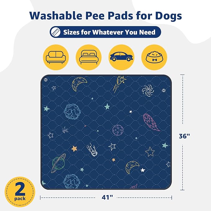 LOOBANI Pee Pads for Dogs Washable: Reusable Dog Pee Pads for Medium Pet, 2 Pack Waterproof Puppy Whelping Pads 36" x 41", Non-Slip Potty Training Mat for Dog Playpen, Floor, Cage, Sofa, Crate, Blue