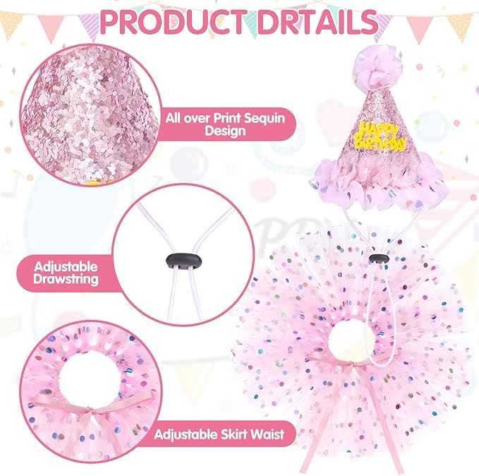 SCENEREAL Dog Birthday Bandana with Hat and Dress Girl Set, Large Dog Birthday Party Supplies, Cute Pink Tutu Skirt Outfit for Medium Large Dogs