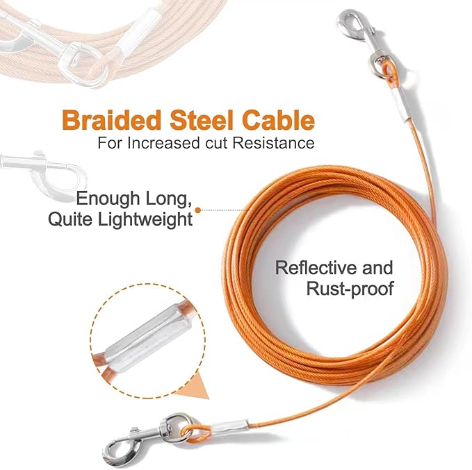 Tie Out Cable for Dogs,100FT Dog Leads,Heavy Duty Tie Out Cable for Large Dogs Up to 125lbs,Durable Dog Runner Tether Line for Outdoor,Yard