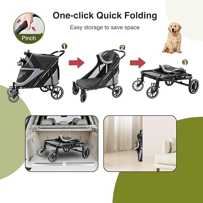 Dog Stroller for Medium/Large Dogs One-Click Folding, Extra Large Pet Stroller for 2 Dogs with Storage Pocket & Shock Absorption, Up to 130 lbs, Grey