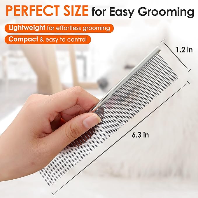 Dog Comb to Remove Tangles and Knots, Cat Comb with Stainless Steel Teeth and Non-Slip Handle, Dog combs for grooming matting for Long Haired Pets (Small)