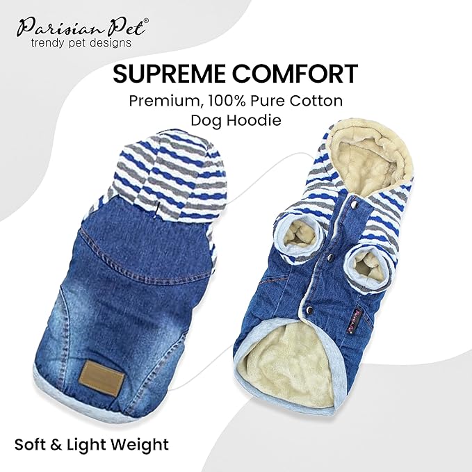 Parisian Pet Basic Dog Hoodie – Lightweight Denim Striped Hoodie - Dog Sweatshirt – Pullover Hoodies for Dogs with Leash Hole and Pockets – Blue Cotton Dog Clothes for Large Dogs - L