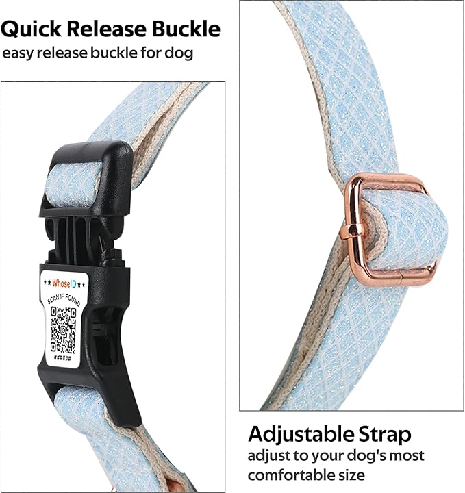 Dog Collar with Waterproof AirTag Holder & Anti-Lost QR Code, Cute Bling Warpping Adjustable Width for Small Medium Large Pet (Light Blue, M)