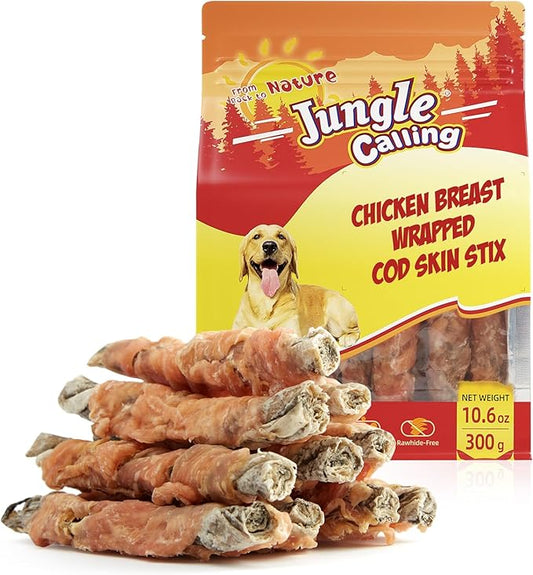 Jungle Calling Dog Treats, High Protein Dog Chewy Treats Health Teeth and Coat, Chicken Wrapped Cod Skin Sticks, Rawhide-Free Cod Fish Skin Treats for Dogs, 10.6 oz