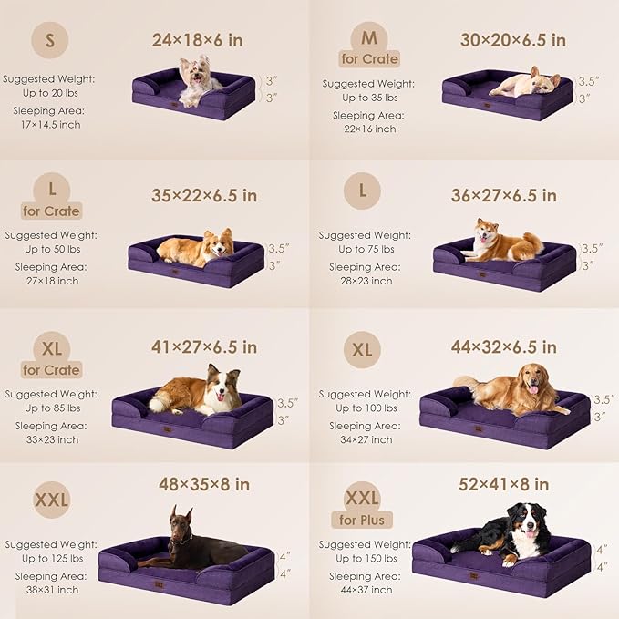 EHEYCIGA Orthopedic Dog Bed for Medium Dogs, Waterproof Memory Foam Medium Dog Beds with Sides, Non-Slip Bottom and Egg-Crate Foam Pet Couch Bed with Washable Removable Cover, Purple