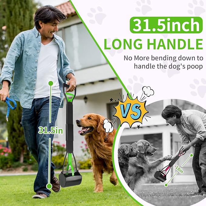 UPSKY 32'' Pooper Scooper for Large Small Dogs, Long Handle Dog Poop Scooper with Waste Bags, Portable Dog Poop Pick Up Tool, Folding Poop Scoop for Yard, Grass, Dirt, Gravel Green