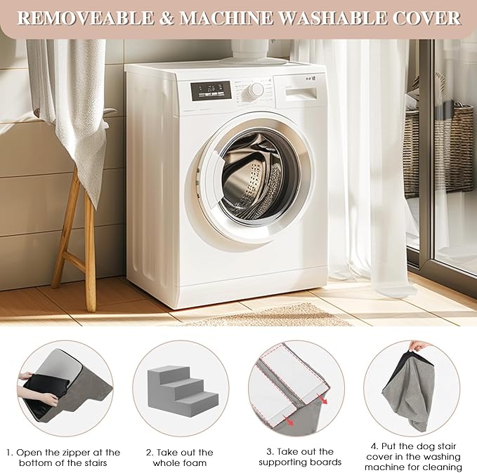 GGIB Non-Slip Pet Stairs for Small Dogs & Cats - 4-Step, Removable Washable Cover, Light Grey, 17" H