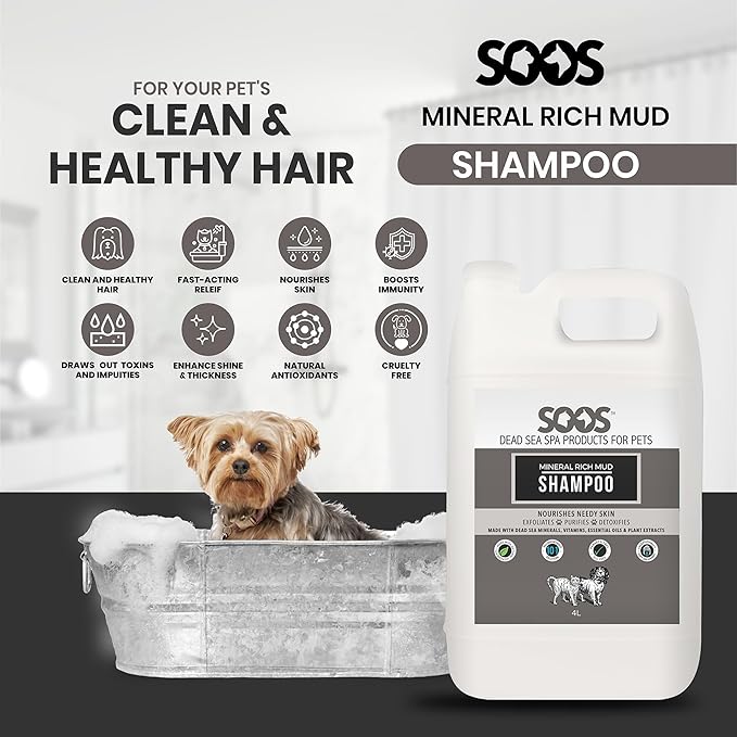Soos pet Shampoo Mineral Rich Mud Cat and Dog Shampoo Natural Dead Sea Minerals Fast Absorbing - 1x Bottle (4L)