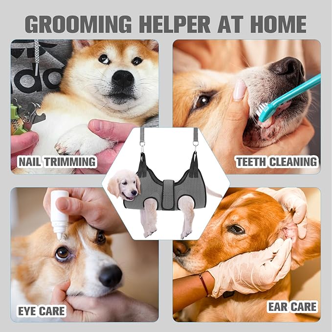 PAWCHIE Dog Grooming Hammock Harness for Dogs & Cats with Pet Nail Clipper Trimmer- Breathable Cat Hanger Sling for Trimming Clipping Nails-Dog Hammock Restraint Bag for Small Medium Large Dog, Grey M