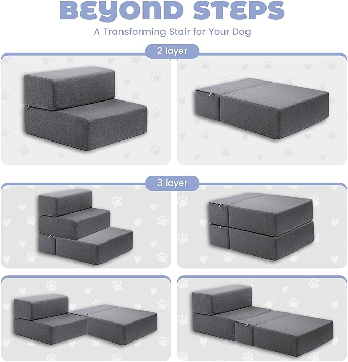 Foldable 18 Inch Wide Dog Stairs for Small Dogs, 12 Inch Height Foam Dog Steps for Bed & Couch, Linen Covered Pet Stairs for Dogs to Get on Bed, Indoor Foam Pet 2 Steps for for Cat and Puppy