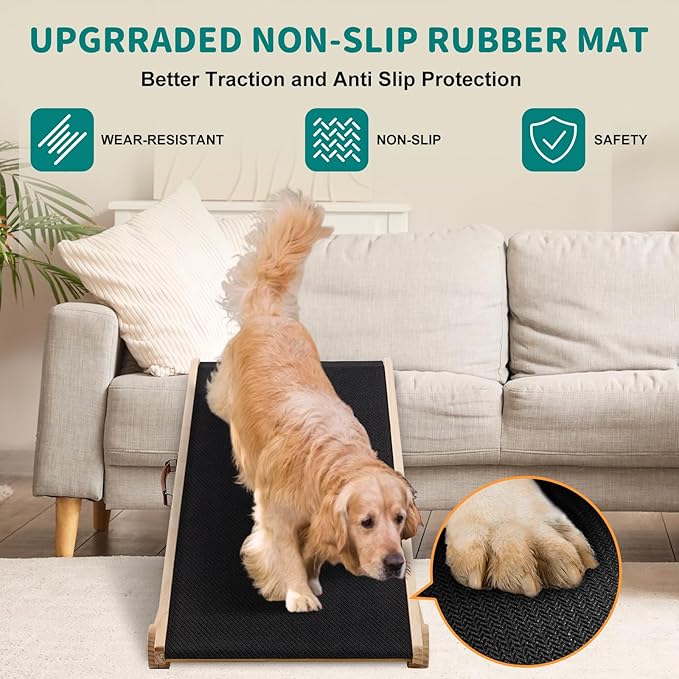 Dog Ramp for Bed, Adjustable Pet Ramps for Dog to Get on Bed, Non-Slip Rubber Surface - Folding Wooden Dog Ramp for Small/Large/Old Dogs, Adjustable up to 19.5 inch High Beds