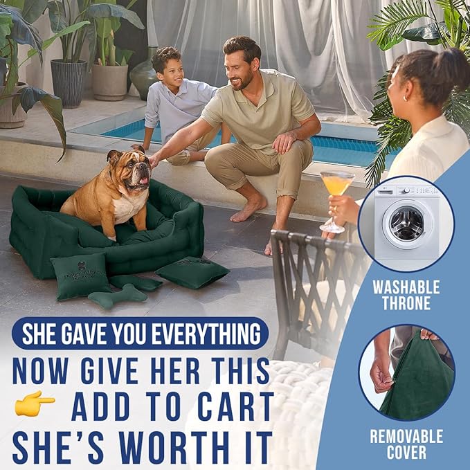 Luxury Dog Bed Chesterfield – Handcrafted Velvet Throne for Dogs | Joint Support, Calming & Temp-Regulating Comfort | Durable 5+ Years, Anti-Claw, Washable 100+ Times – L, Green