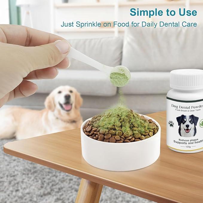 Dog Teeth Cleaning Powder 100g Fights Plaque & Tartar Freshens Breath All-Natural Ingredients for Dogs of All Breeds and Ages Easy to Use Dog Dental Powder