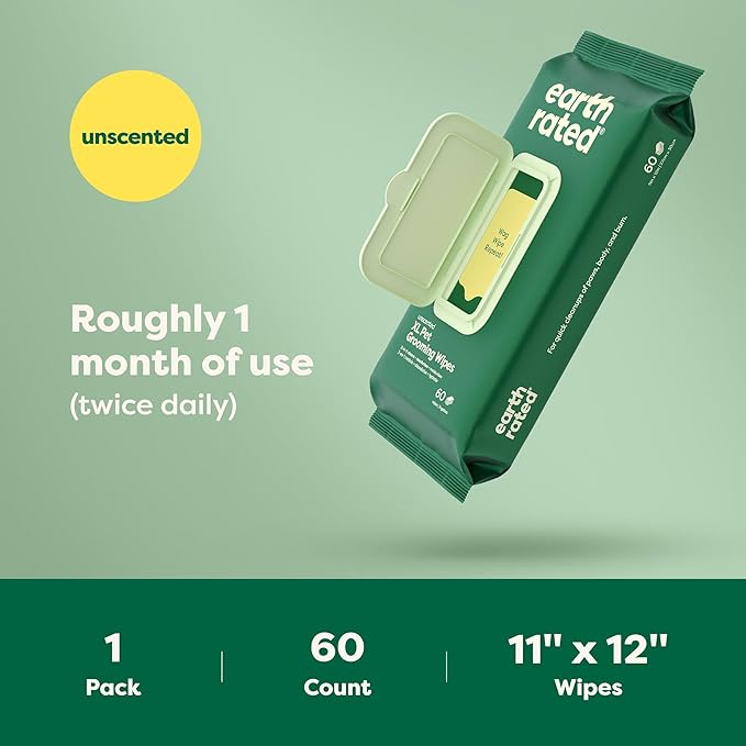 Earth Rated XL Pet Wipes for Dogs & Cats, 3-in-1 Hypoallergenic Cleaning, Deodorizing and Hydrating Extra Large Grooming for Body, Paws and Butt, Unscented, 60 Count