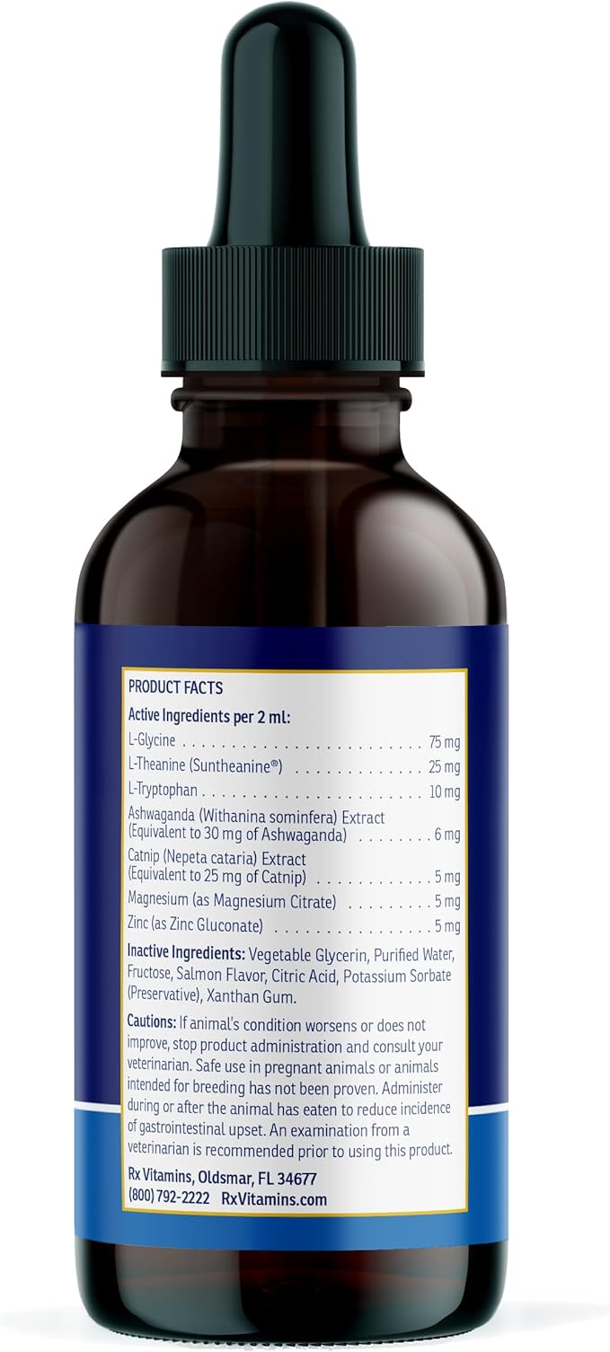 Rx Vitamins Liquid NutriCalm Cat & Small Dog Anxiety Relief - Sleep Aid - Calming Supplement - Dog Bark Control & Stress Relief - Salmon Flavor - 4 oz