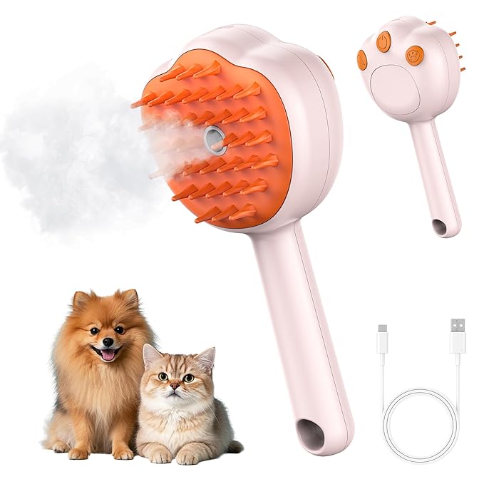 Steam Cat Brush, 6-in-1 Dog Brush Spritz Defur Comb, Steamy Skin Friendly Deshedding Grooming Tool, Suitable for Shedding & Haired Pets, Pet Supplies Accessories,Pink