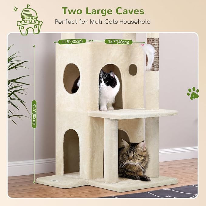 Globlazer Cat Tree Tower for Indoor Cats, 50-inch Adult Cat Tree House for Large Adult Cats with Steps, Scratching Post, 2 Cat Caves, Dangling Toys, FC50, Beige