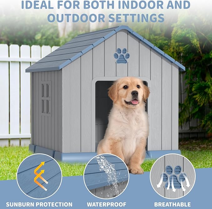 DRATO Dog House Indoor Outdoor for Small to Large Sized Dogs Indoor Outdoor Doghouse Puppy Shelter with Elevated Floor, Easy to Assemble (Blue, 31Inch(31.18 * 33.7 * 32.52))