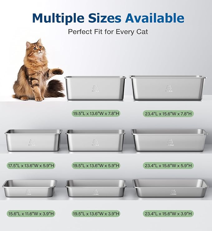 2 Pack Stainless Steel Cat Litter Box, 19.5" L×13.6" W×5.9" H, Metal Kitty Litter Box with High Sided for Big and Small Catss, Non-Stick, Easy to Clean, Odor-Free