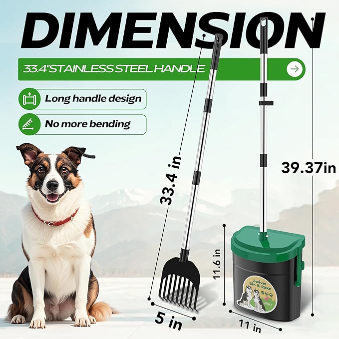 UPSKY Dog Pooper Scooper Swivel Bin & Rake Kit with 100 Waste Bags,33.4" Stainless Steel Long Handle Heavy Duty Pet Poop Shovel for Large Medium Small Dogs, Odor-Proof Lid for Yard/Lawn/Outdoor Use