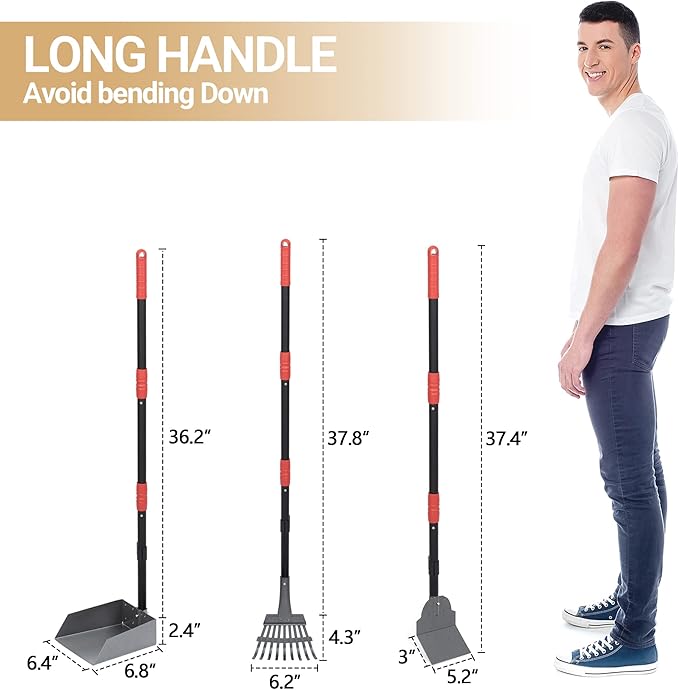 Heeyoo Dog Pooper Scooper, Dog Poop Tray and Rake Set, Pet Waste Removal Scoop with Long Adjustable Sectional Stainless Handles