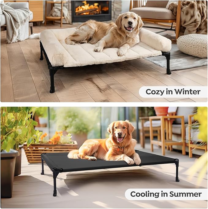 Veehoo Cooling Elevated Dog Bed + Removable Fluffy Pillow-Top Mat, Plush Dog Bed with Bolster, Breathable Mesh, No-Slip Feet, Portable Raised Dog Bed for Indoor & Outdoor, 32"x25", Medium, CWC2331E