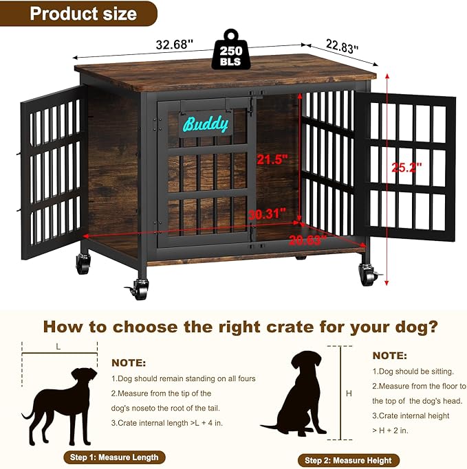EasyCom 33"/27" Dog Crate Furniture with Name Tag, Heavy Duty Dog Kennel Indoor for Medium and Small Dogs, Double-Doors Sturdy Metal Dog Cage, Decorate House as TV Stand, End Table, Bedside Table