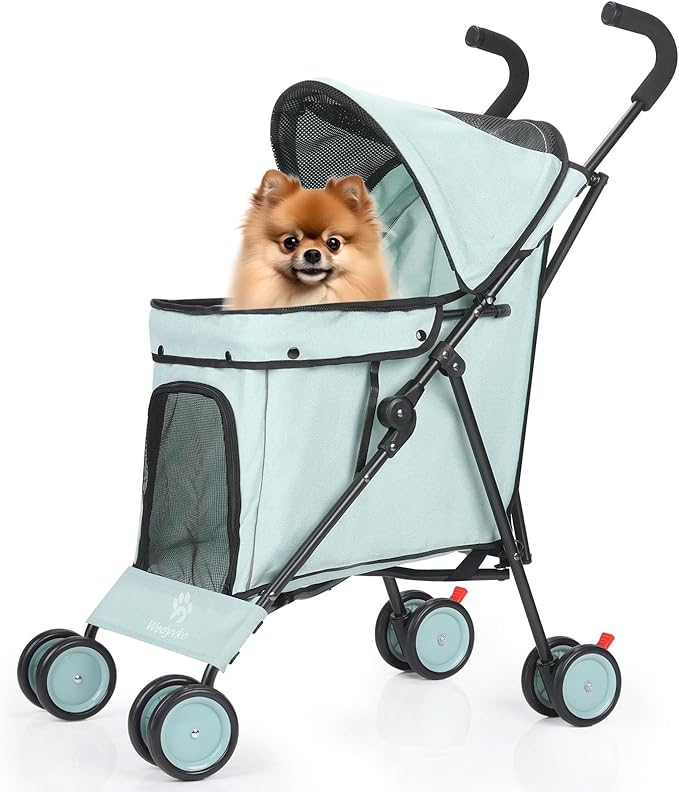 Umbrella Dog Stroller, 4 Wheels Pet Strolling, Foldable Carrier Pet Stroller for Small Dogs Cats, with Carrying Strap and Cup Holder, Dog Poop Bags & Dispenser, Up to 33 lbs, Cyan