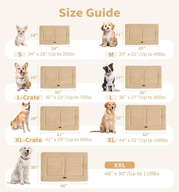 Made4Pets Dog Crate Pad Bed for Large Dogs, Washable & Reversible, Anti-Slip Kennel Mat for Cozy Sleeping, Soft Fluffy Dog Bed for Indoor & Outdoor Use, 41"x29", Khaki